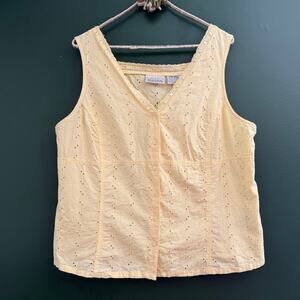 VTG 90s Y2K Basic Editions Butter Yellow Cotton Eyelet Blouse Tank XL EUC